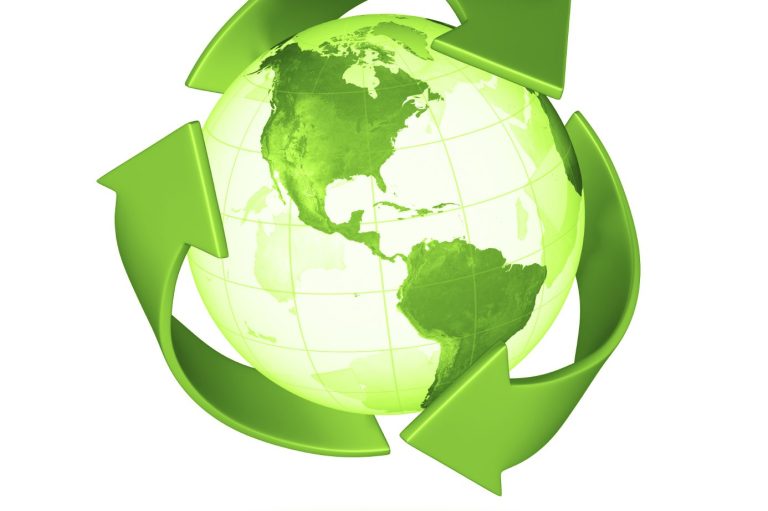 Global World View referencing Eco Friendly Globe with green recycling arrows symbolizing sustainability and environmental awareness.
