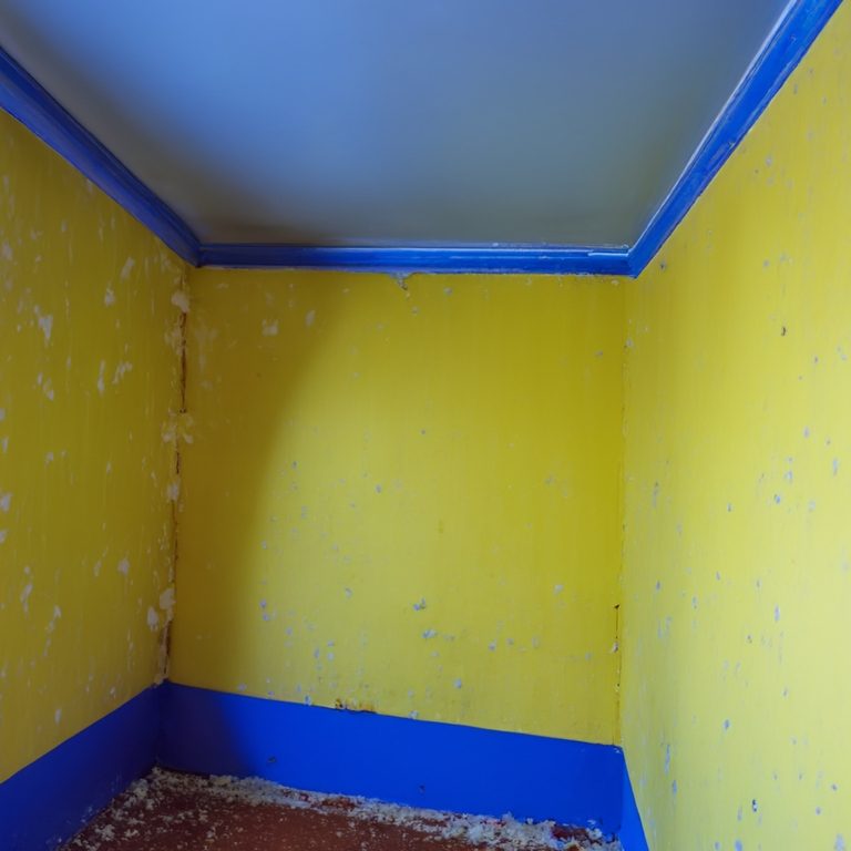 Room with signs of possible damage A corner of a room with yellow walls and blue trim, showing peeling paint.