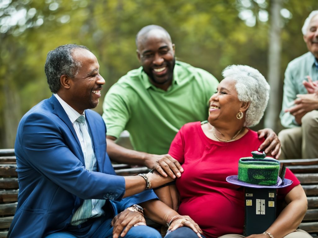 Neighborly & Community Love It is a joyful community gathering with three people smiling in a park setting.